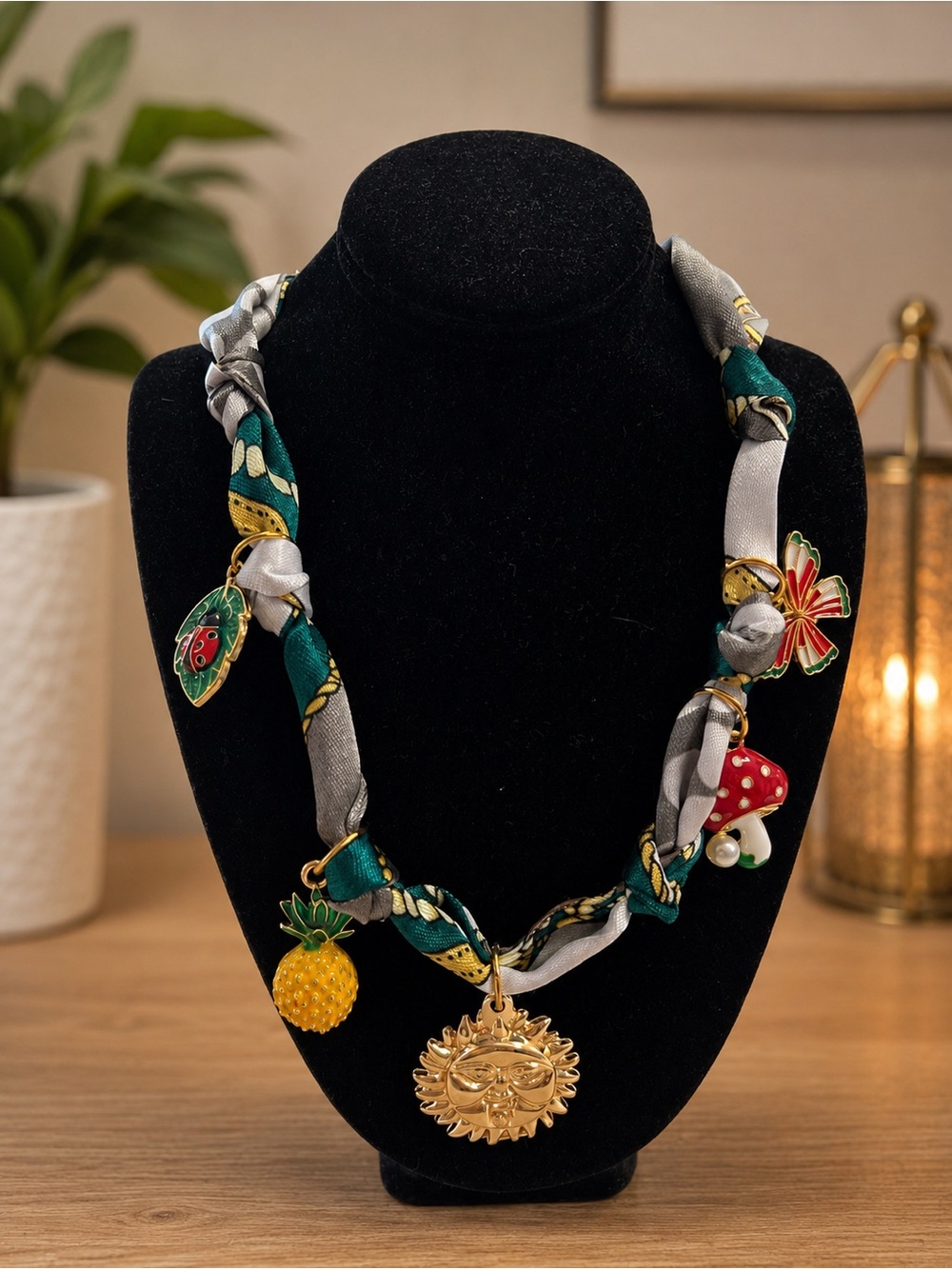 Gold Sun Medallion & Tropical Charm Scarf Necklace - Green/Gray